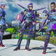 Loba, Valkyrie, and Bangalore stand decked out in blue and purple armor and gear in Apex Legends.